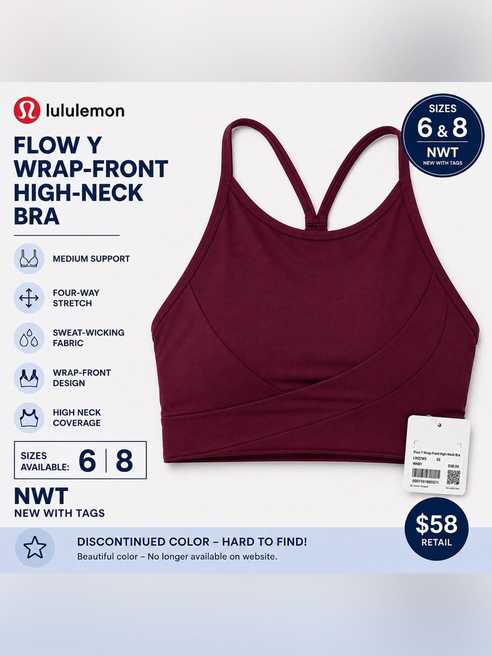 Lululemon Flow Y Wrap-Front High-Neck Bra NWT Wine Berry Sizes 6 & 8 Rare